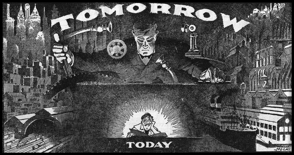 Windsor McCay illustration of a young boy studying today to become a leader tomorrow.